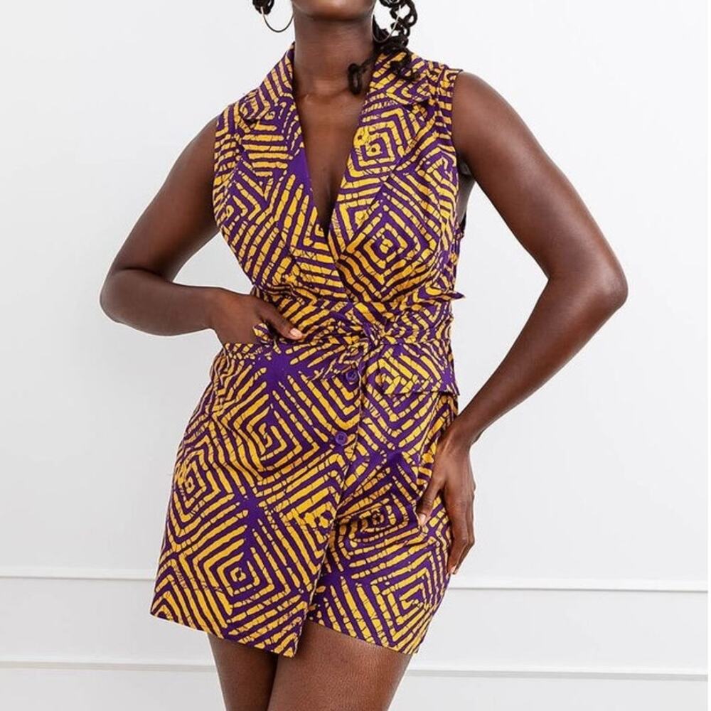NWT D'IYANU African Print Blazer Romper Purple Gold Geometric Pattern Women's XS